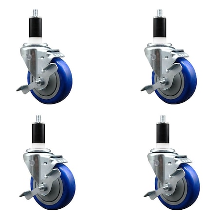 Service Caster 4'' Blue Poly Swivel 1-3/8'' Expanding Stem Caster Set with Brake, 4PK SCC-EX20S414-PPUB-BLUE-TLB-138-4
